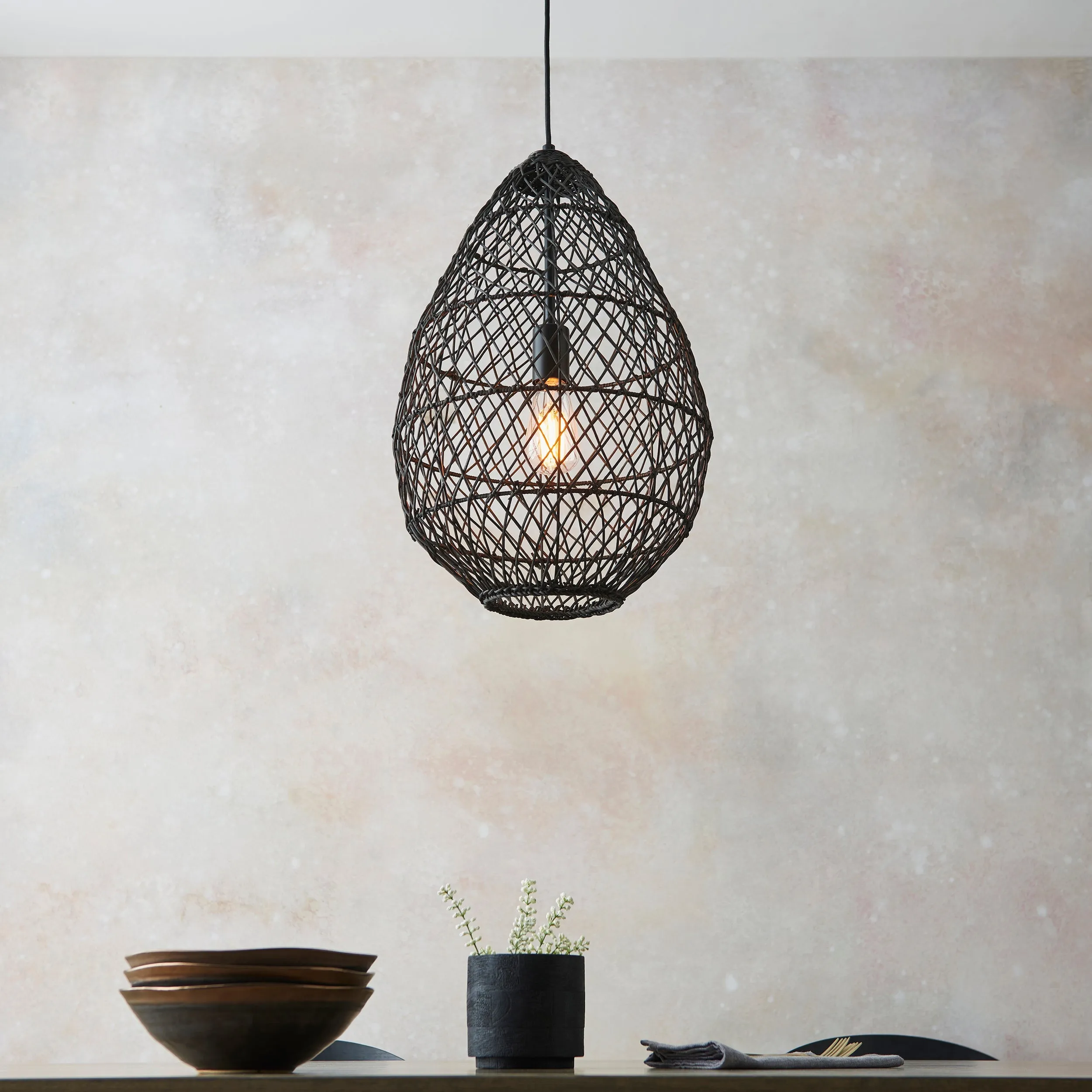 Amos Aviary Droplet Pendant Black Rattan