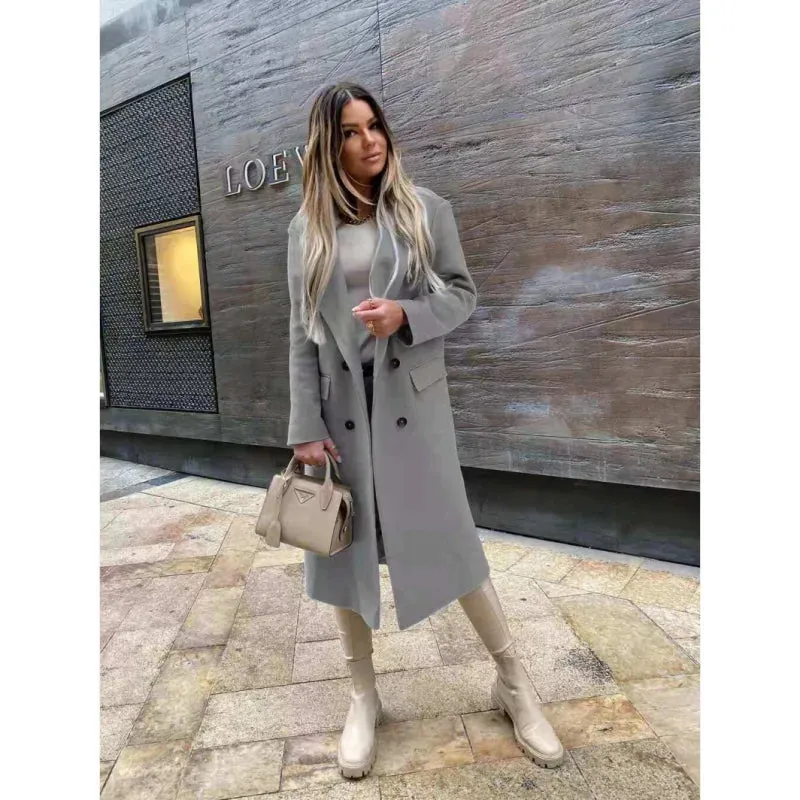 Autumn Women Long Woolen Retro Fashion Black Sleeve Blue Casual Winter Street Wear Loose Coat