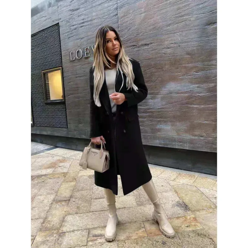 Autumn Women Long Woolen Retro Fashion Black Sleeve Blue Casual Winter Street Wear Loose Coat