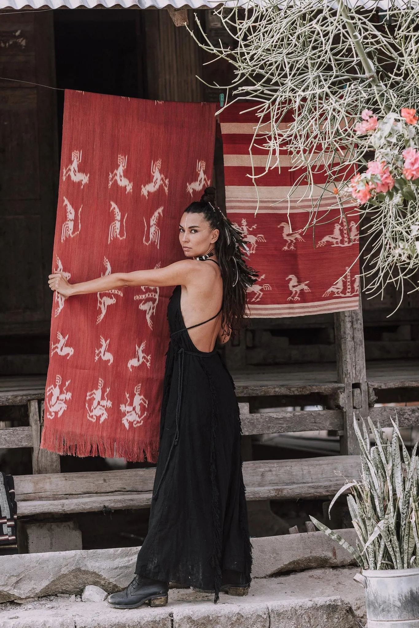 Black Cotton Boho Maxi Dress with Hand Loomed Tassels