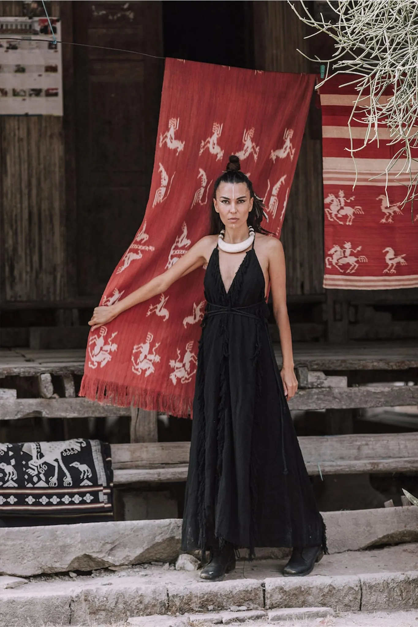 Black Cotton Boho Maxi Dress with Hand Loomed Tassels