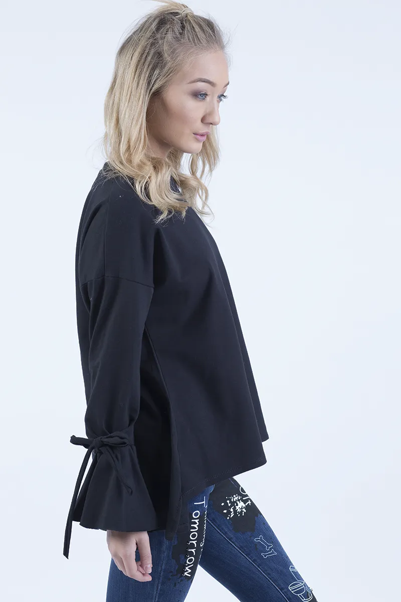 Black Tied Arm Bell Sleeve Top - Poppy