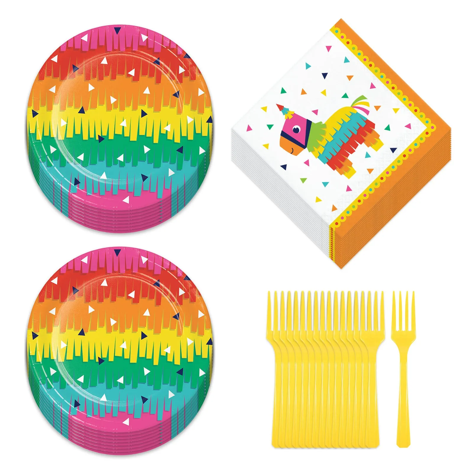 Fiesta Party Fringe Paper Dessert Plates, Taco 'Bout A Party Beverage Napkins, and Forks (Serves 16)