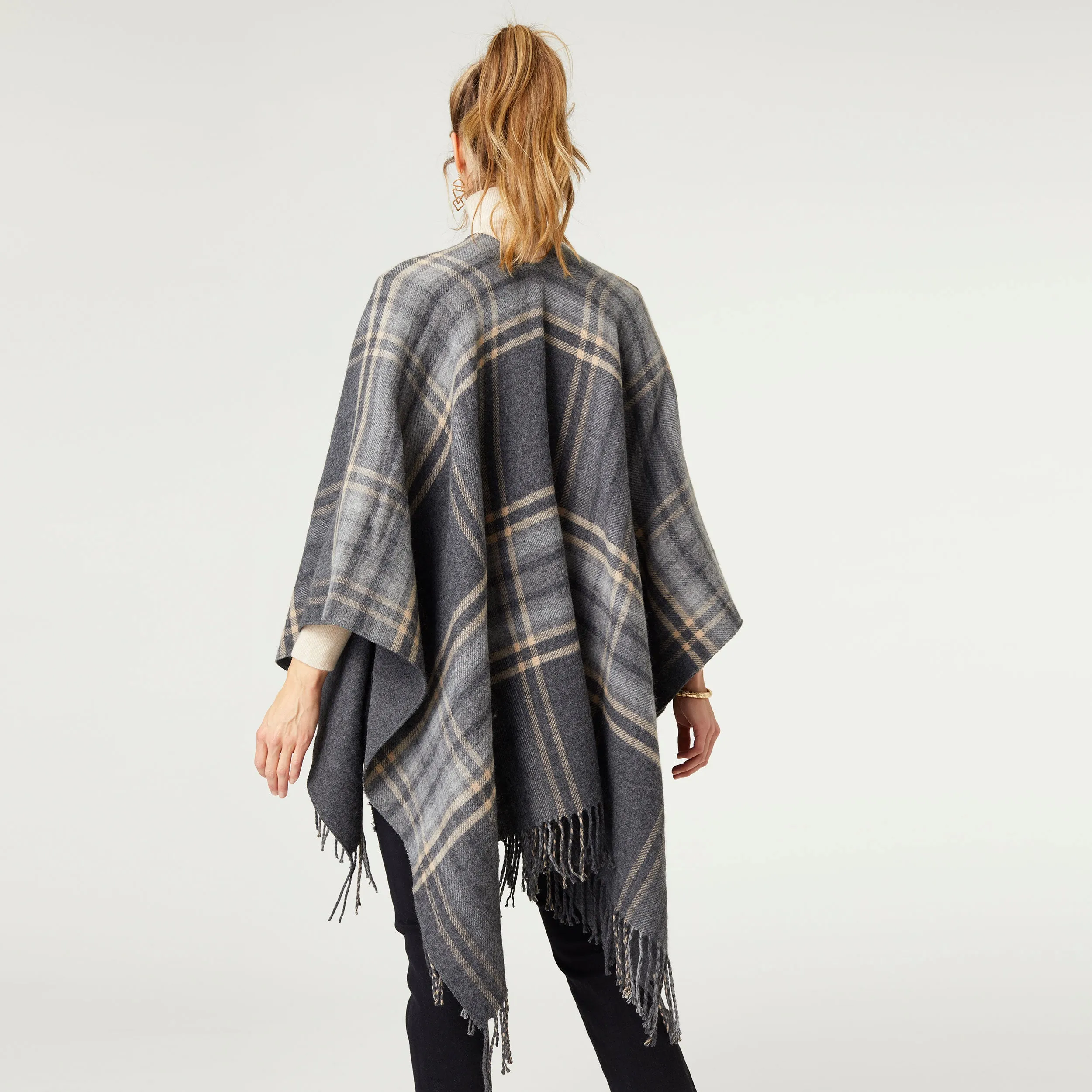 Fireside Plaid Cardigan with Fringe - Grey Plaid