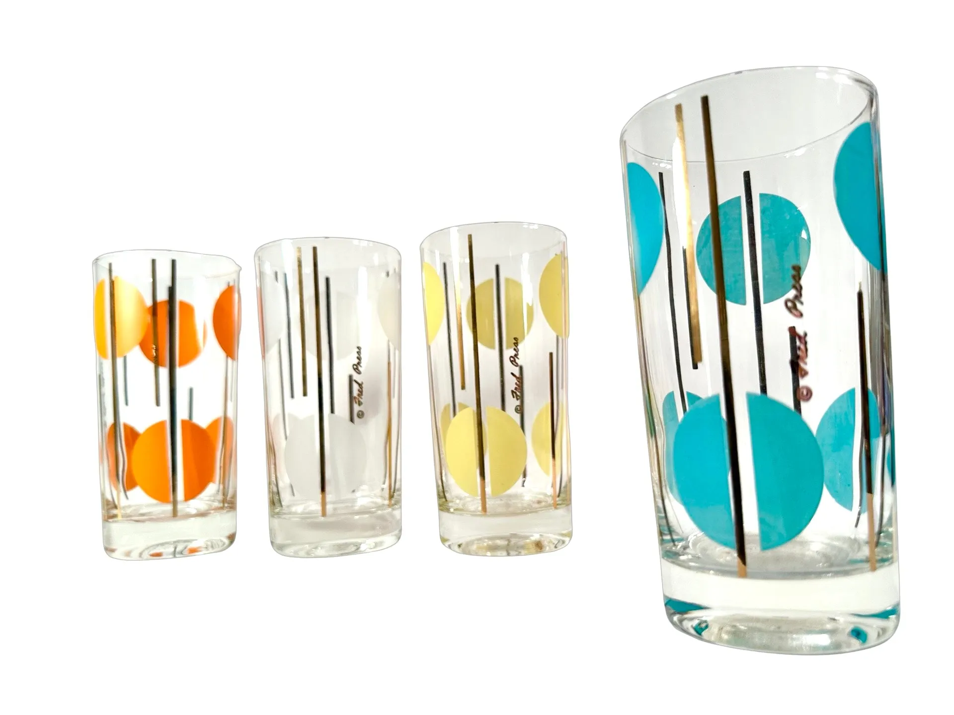 Fred Press Signed Mid-Century Multi Colored Polka Dot Glasses (Set of 4)