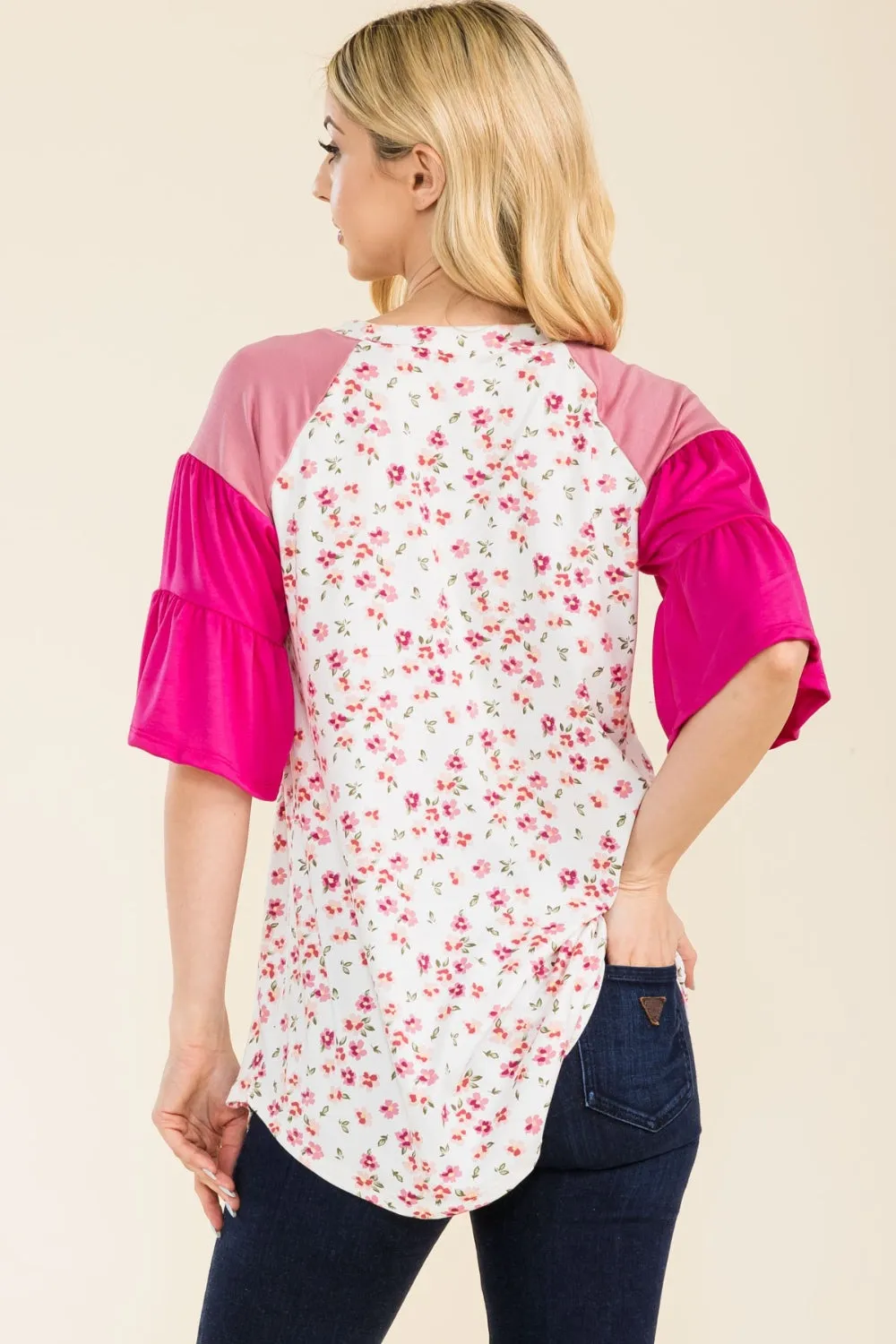 Full Size Floral Contrast Bell Sleeve Top