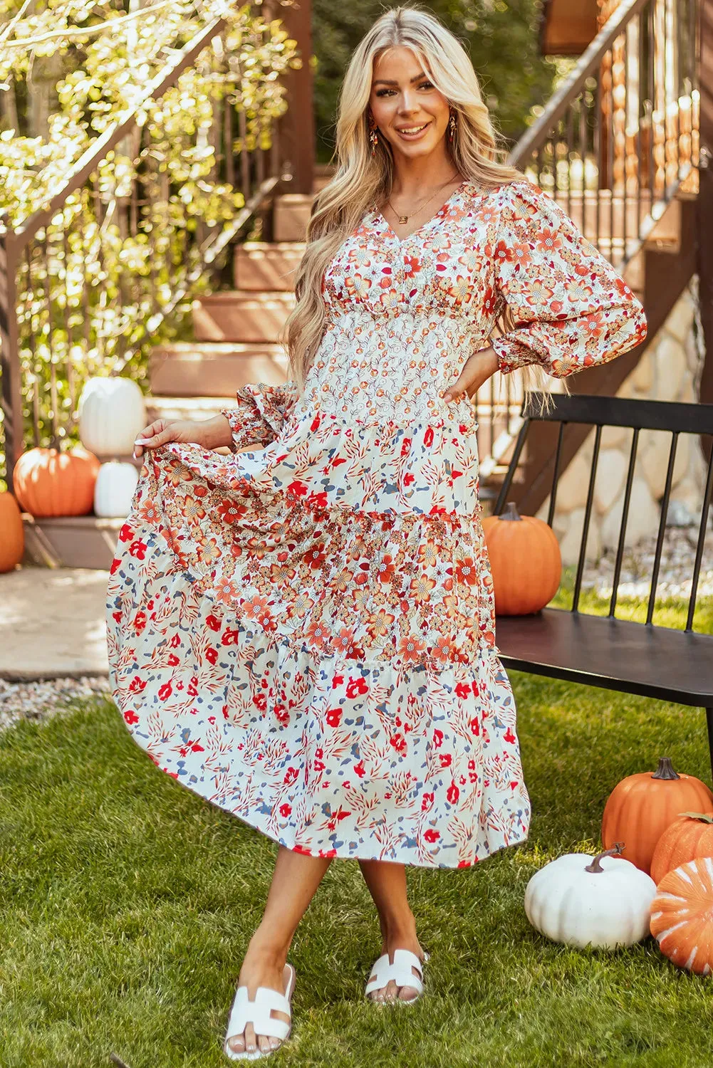 Full Size Printed V-Neck Lantern Sleeve Midi Dress