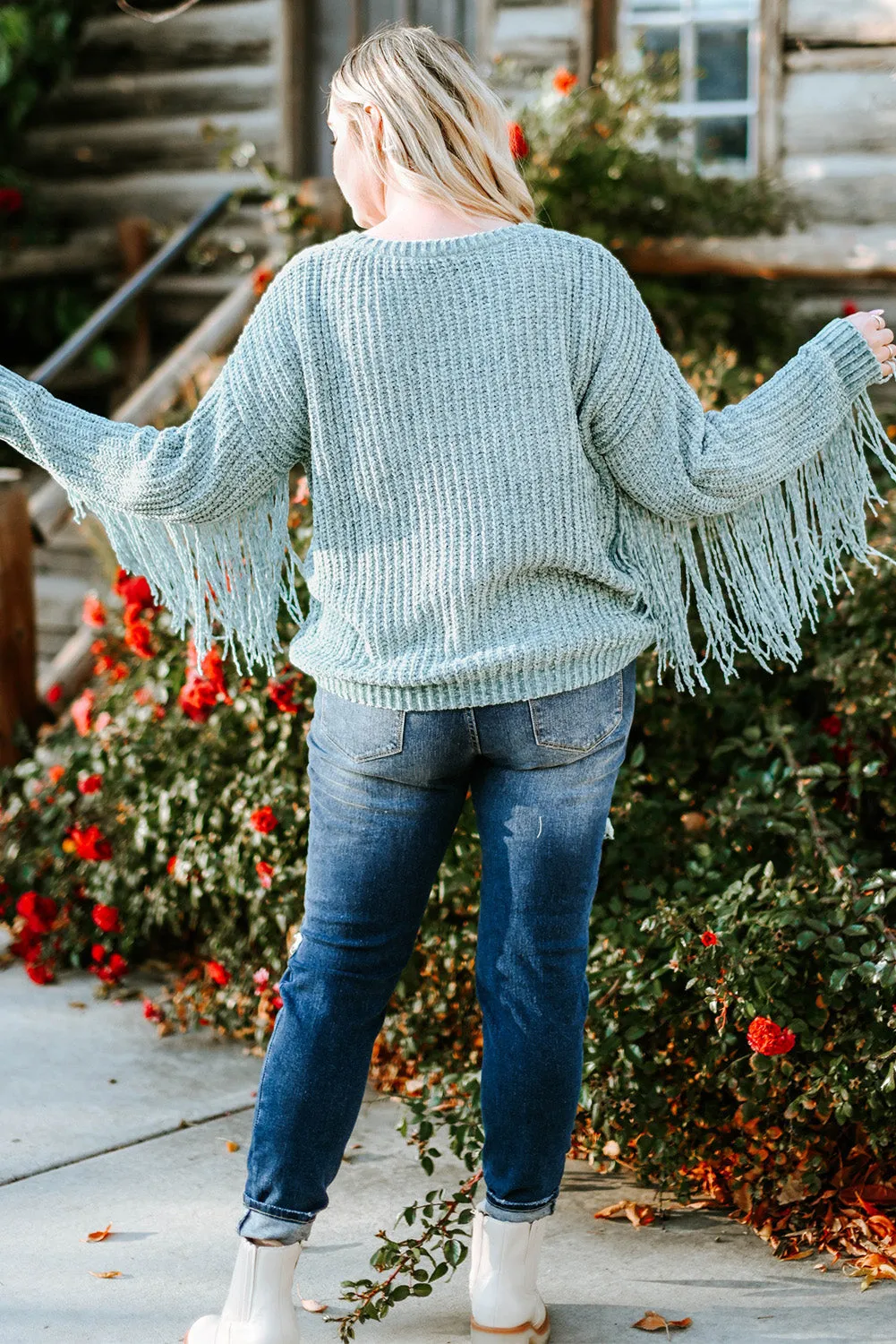 Gray Plus Size Fringed Long Sleeve Knit Sweater