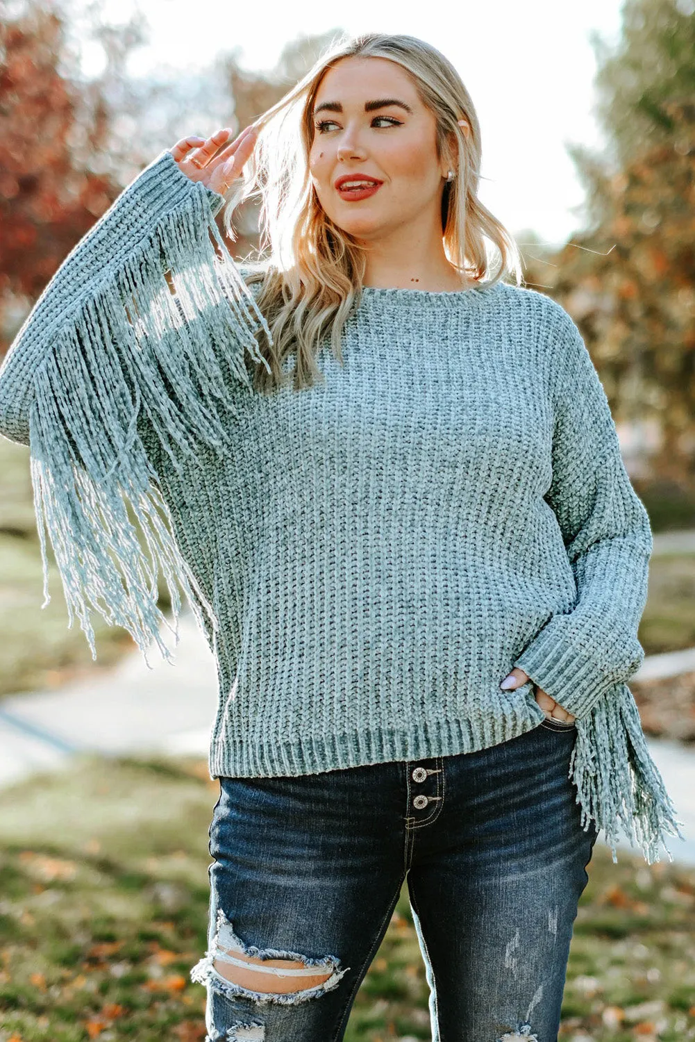 Gray Plus Size Fringed Long Sleeve Knit Sweater