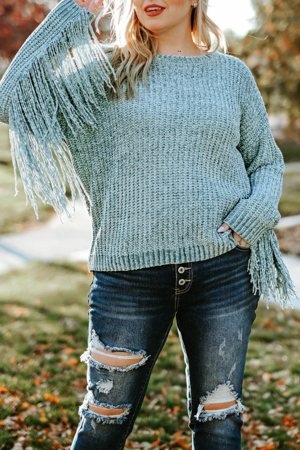 Gray Plus Size Fringed Long Sleeve Knit Sweater