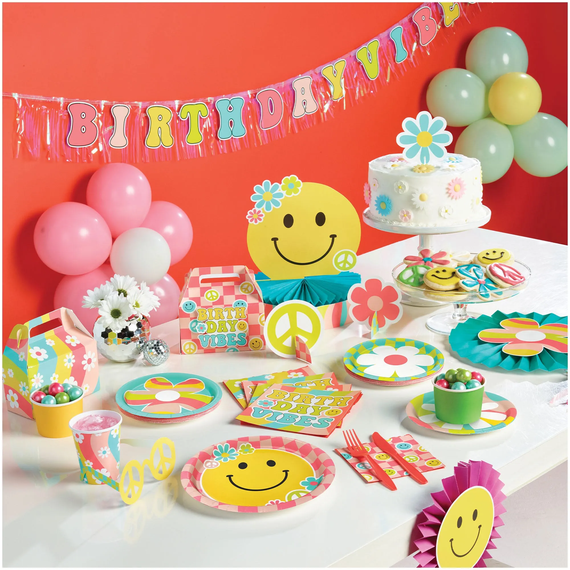 Groovy Happy Vibes Flower Power Assorted Paper Dessert Plates, Beverage Napkins, and Forks (Serves 16)