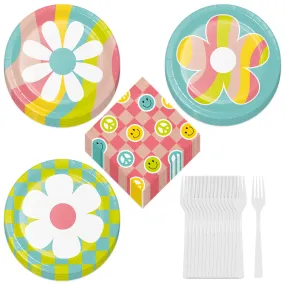 Groovy Happy Vibes Flower Power Assorted Paper Dessert Plates, Beverage Napkins, and Forks (Serves 16)