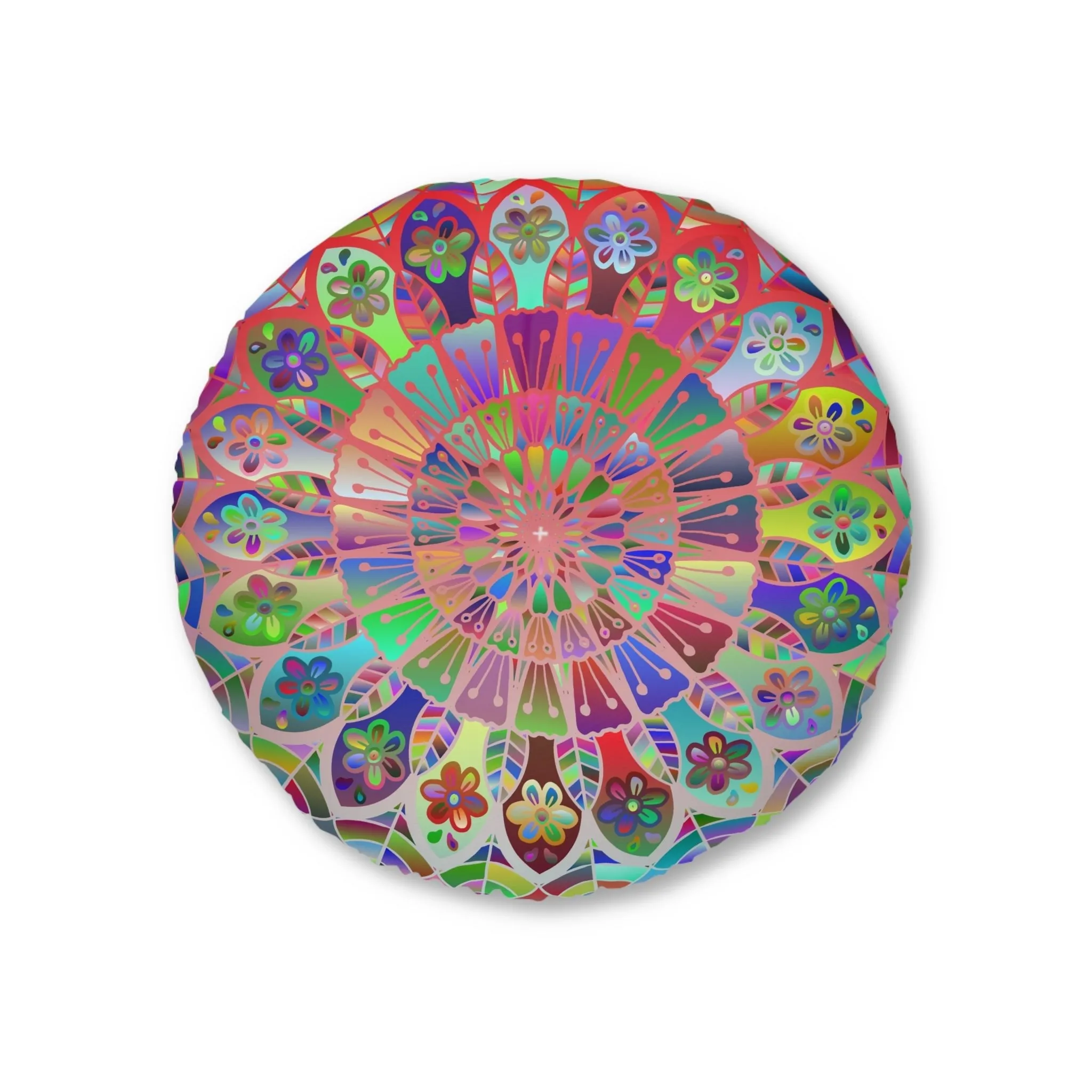 Hand Drawn Mandala Floor Cushion - Colorful Art on Light Blue - Tufted