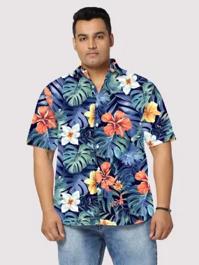 Hibiscus Flower Blue Digital Printed Half Sleeve Shirt Men's Plus Size