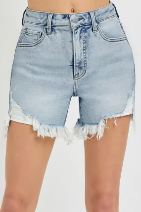 High Rise Side Step Hem Denim Shorts