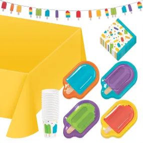 Ice Pop Party Dessert Pack - Popsicle Shaped Paper Dessert Plates, Beverage Napkins, Cups, Table Cover, and Glitter Banner Garland (Serves 16)