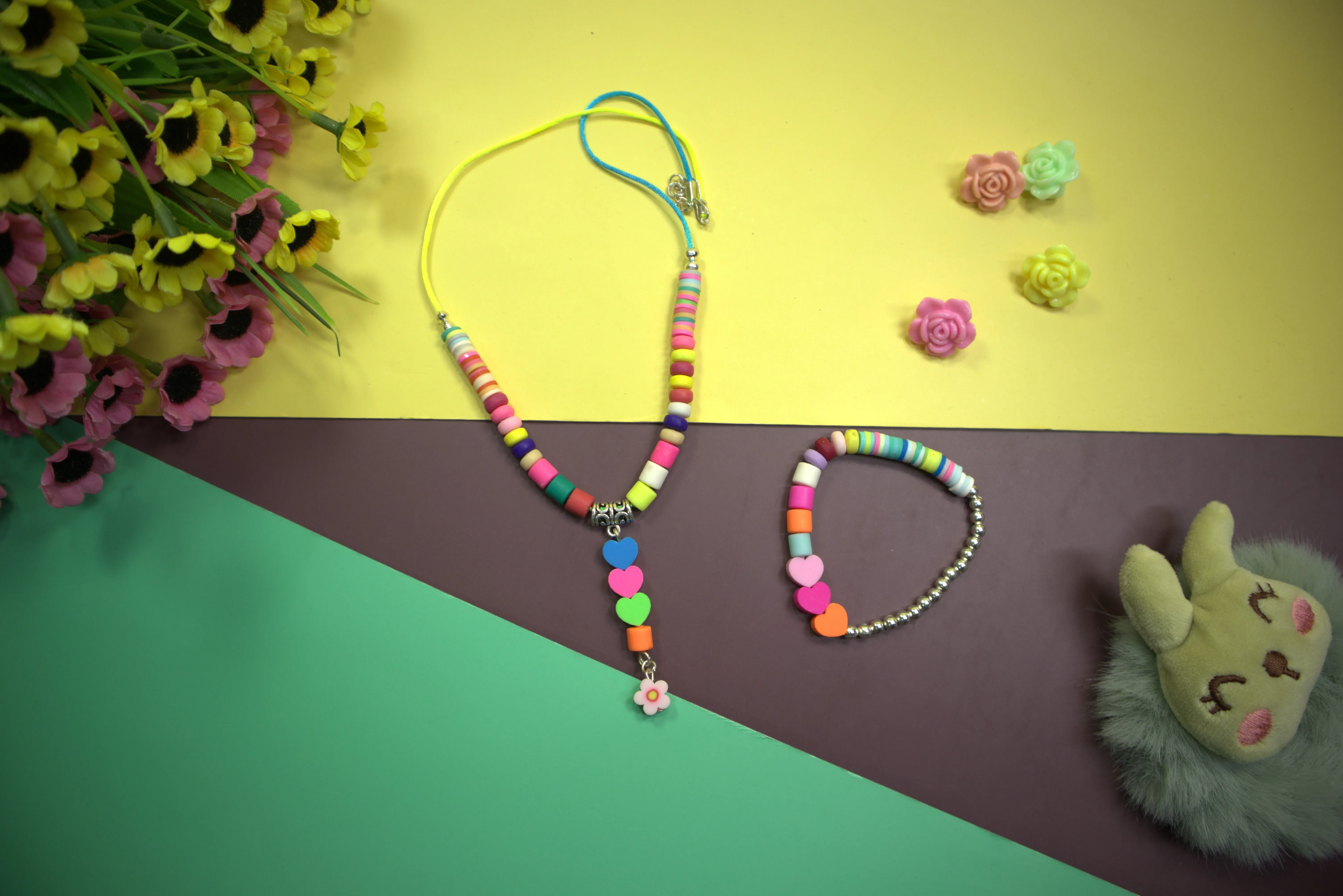 Kamule Multicolour Fimo Beads with Heart Necklace & Bracelet