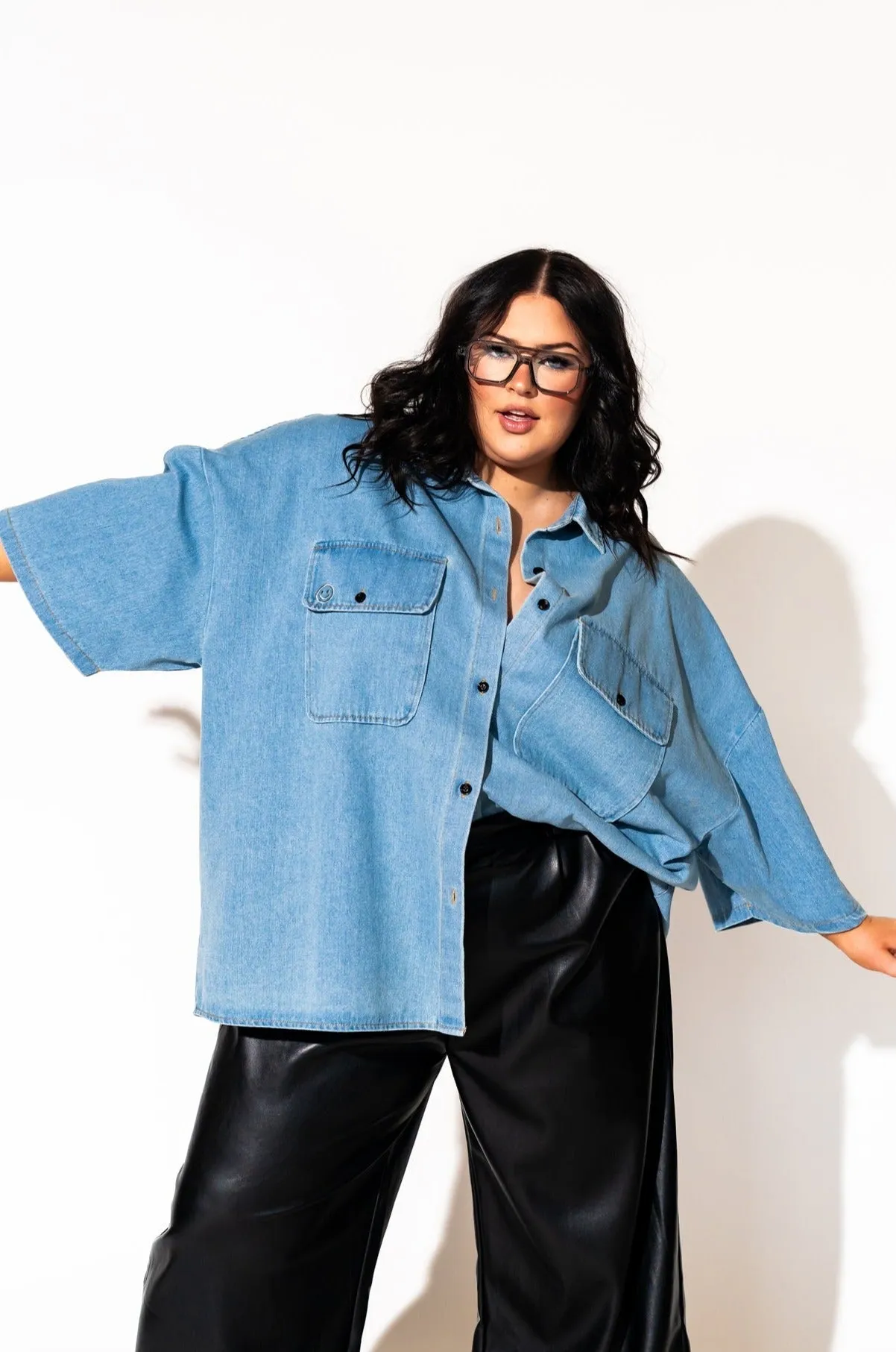 Let Them Talk Oversized Denim Button Up in Vintage Blue