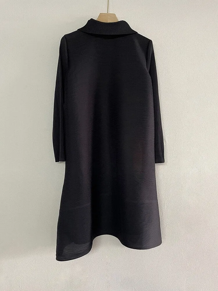 Miyake Pleated Color Block Long Sleeve Shirt Dress