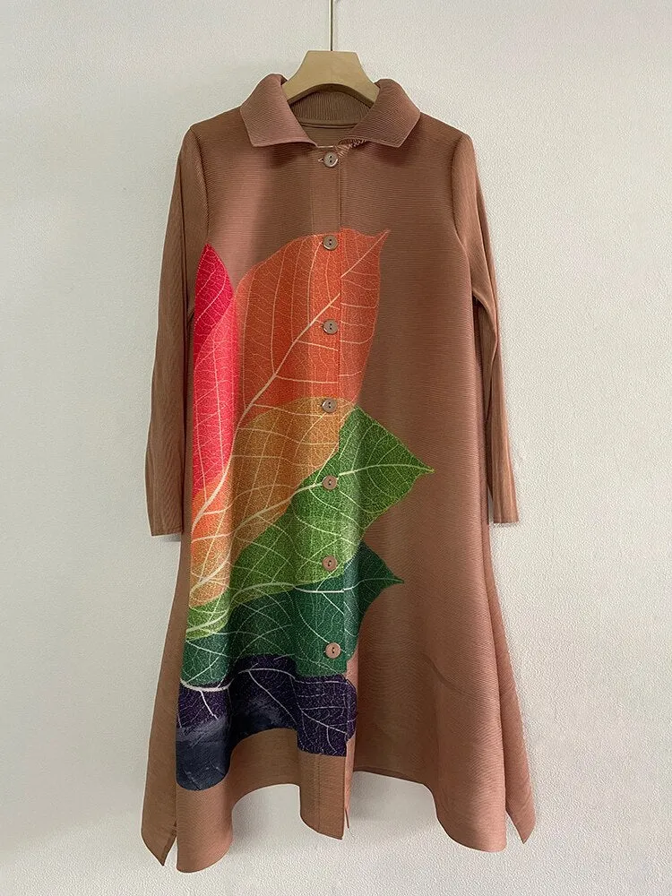 Miyake Pleated Color Block Long Sleeve Shirt Dress