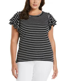 Plus Size Stripe Ruffle Sleeve Tee