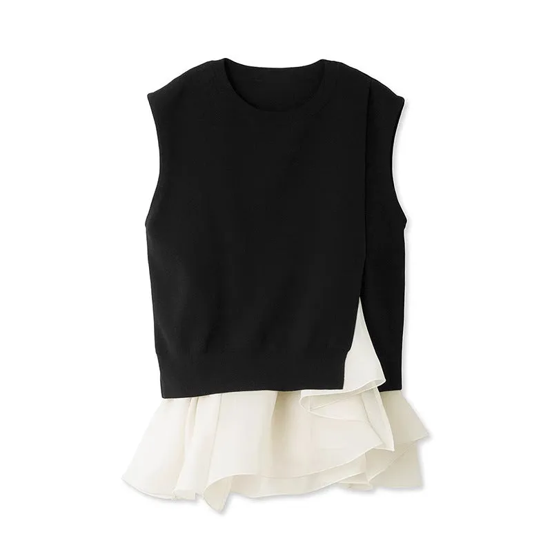 Pre Order:  Mulberry Silk Ruffled Edge Patchwork Knit Top