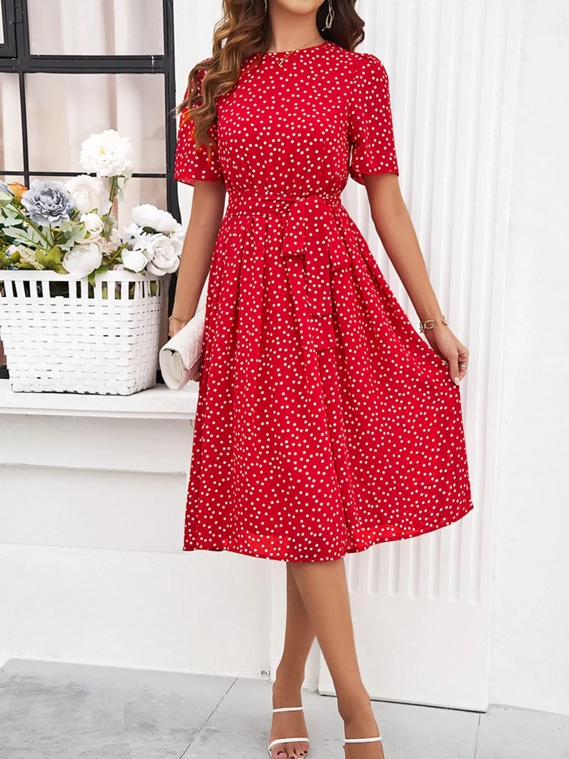 Printed Round Neck Short Sleeve Dress