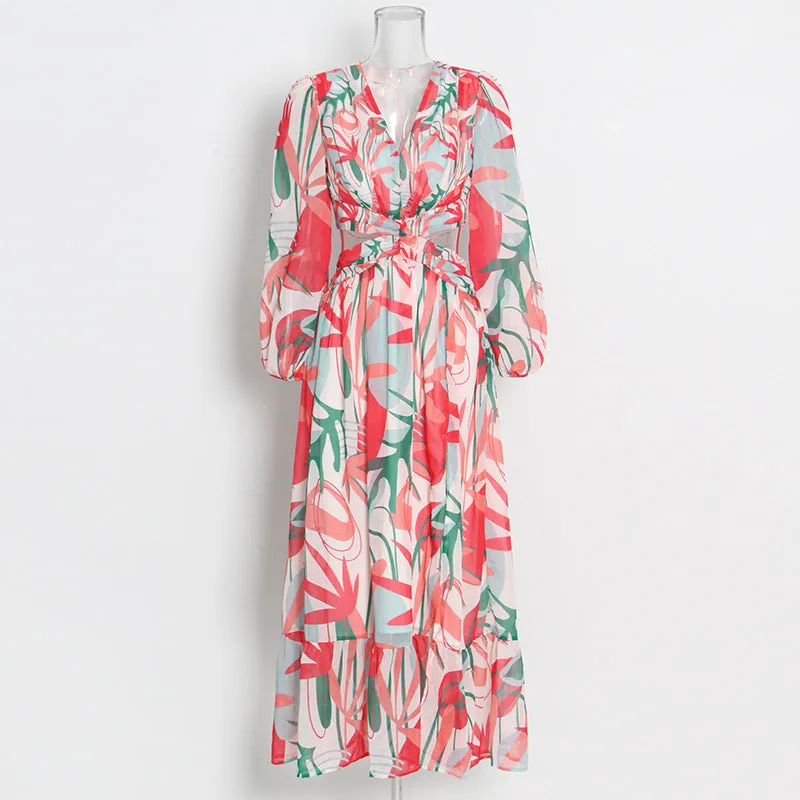 Printed V-Neck Puff Sleeve Cutout Maxi Dress