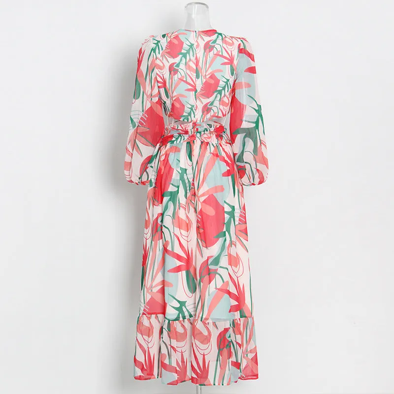 Printed V-Neck Puff Sleeve Cutout Maxi Dress