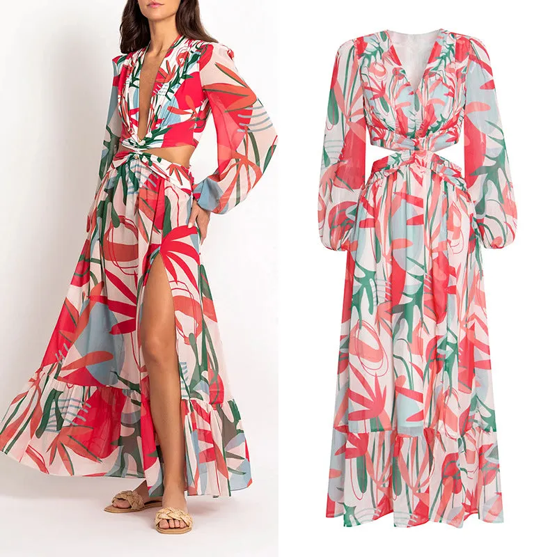 Printed V-Neck Puff Sleeve Cutout Maxi Dress