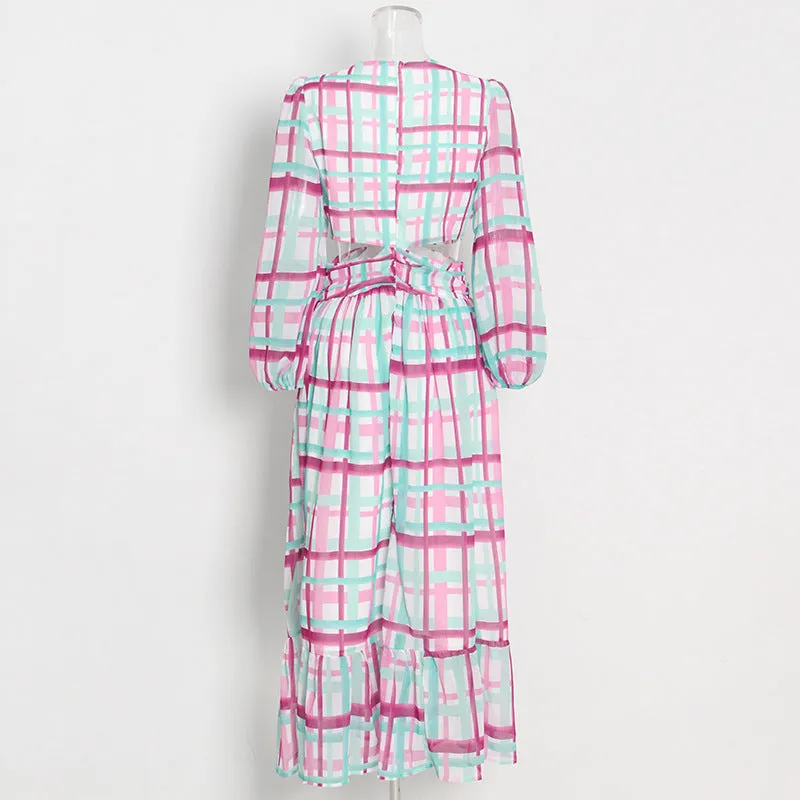 Printed V-Neck Puff Sleeve Cutout Maxi Dress