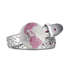 Rhinestone Globe Buckle With Silver & Pink Studded Belt