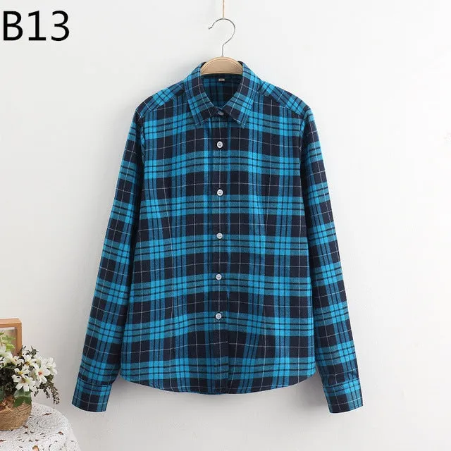 S-5XL Large Size Spring Autumn Blouse Casual Big Size Shirt Cotton Top Lapel Plaid Shirt Outwear Plus Size Women Clothing Blusas