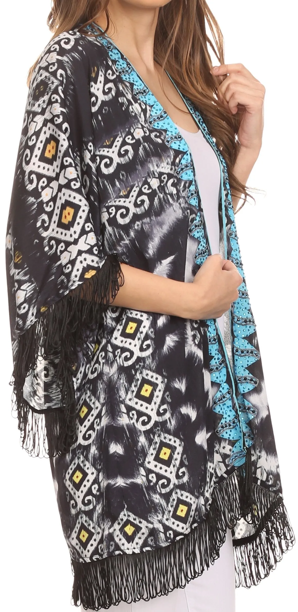 Sakkas Holiday Tribal Sheer Kimono Top Cardigan With Fringe And Open Front