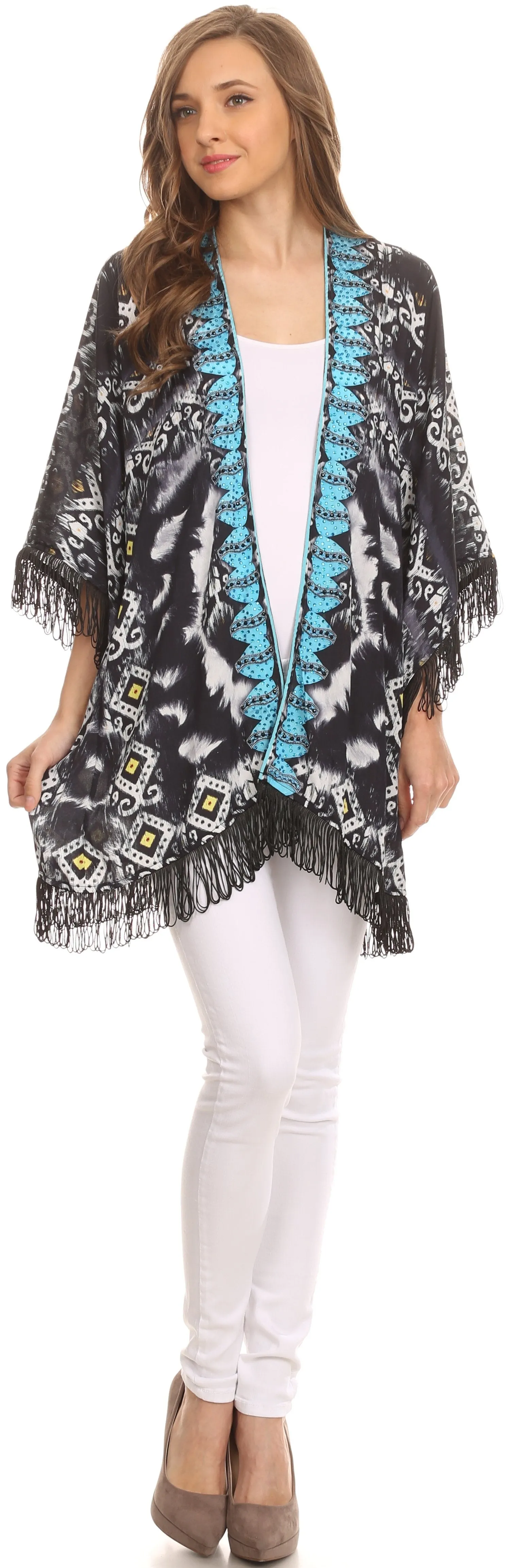 Sakkas Holiday Tribal Sheer Kimono Top Cardigan With Fringe And Open Front