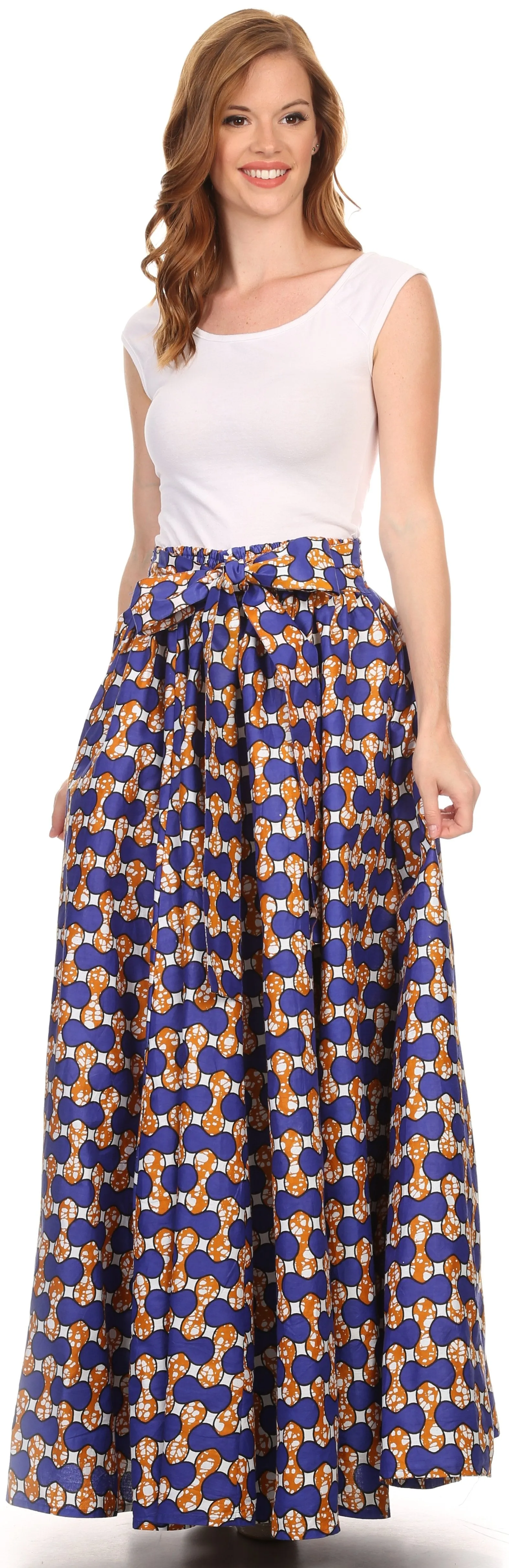 Sakkas Kelela Unique Designs Wax Print Adjustable Waist Long Tall Skirt