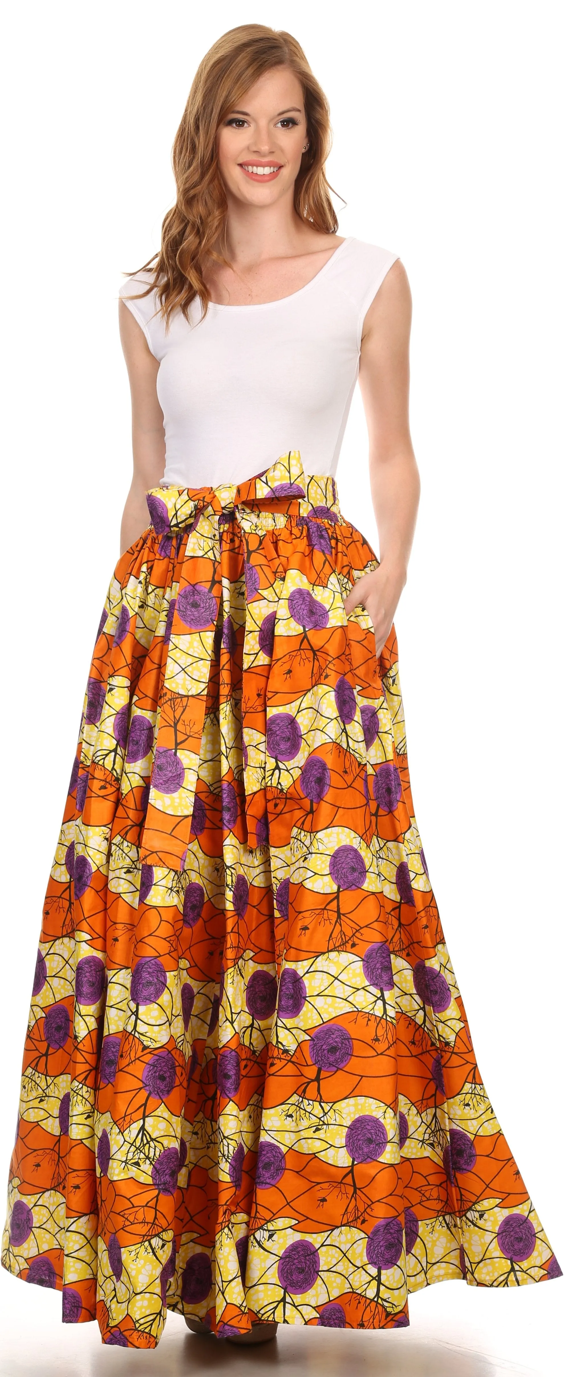 Sakkas Kelela Unique Designs Wax Print Adjustable Waist Long Tall Skirt