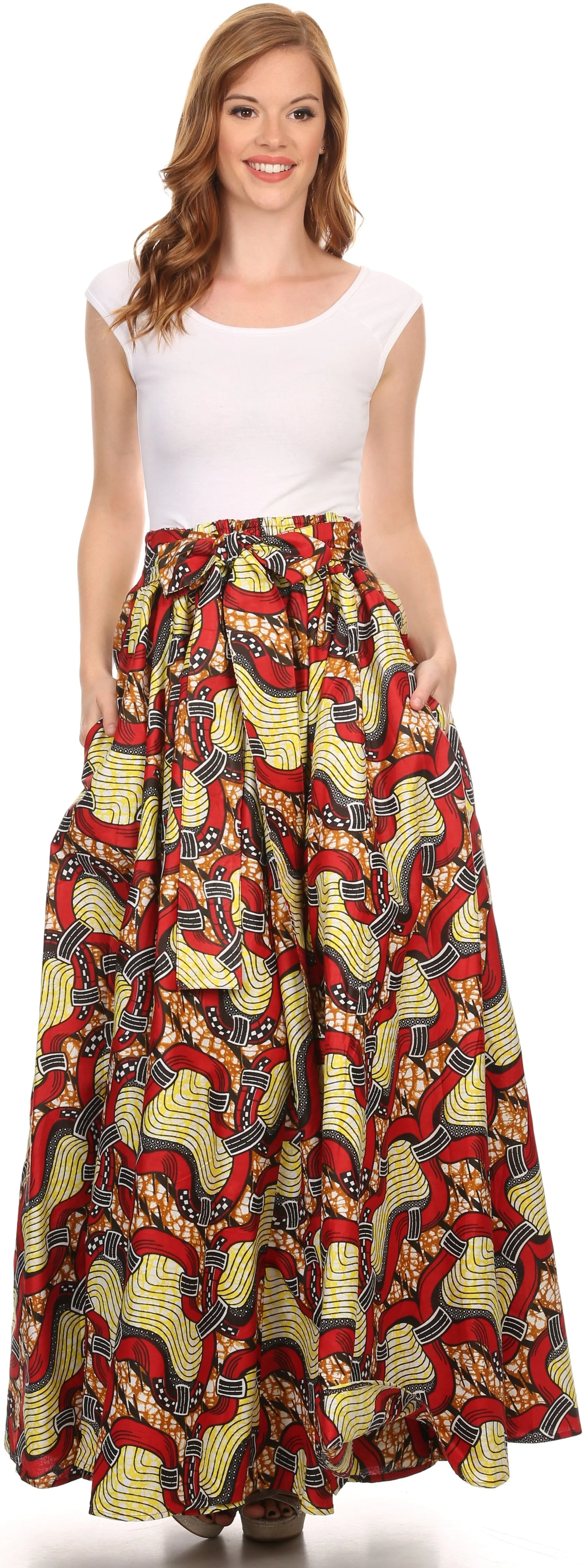 Sakkas Kelela Unique Designs Wax Print Adjustable Waist Long Tall Skirt