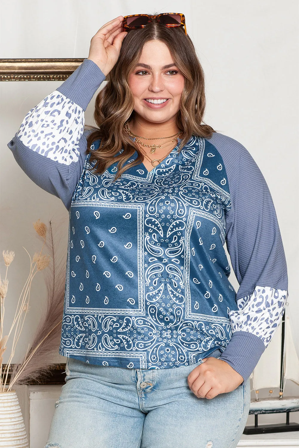 Sky Blue Paisley Patchwork Split Neck Plus Size Top