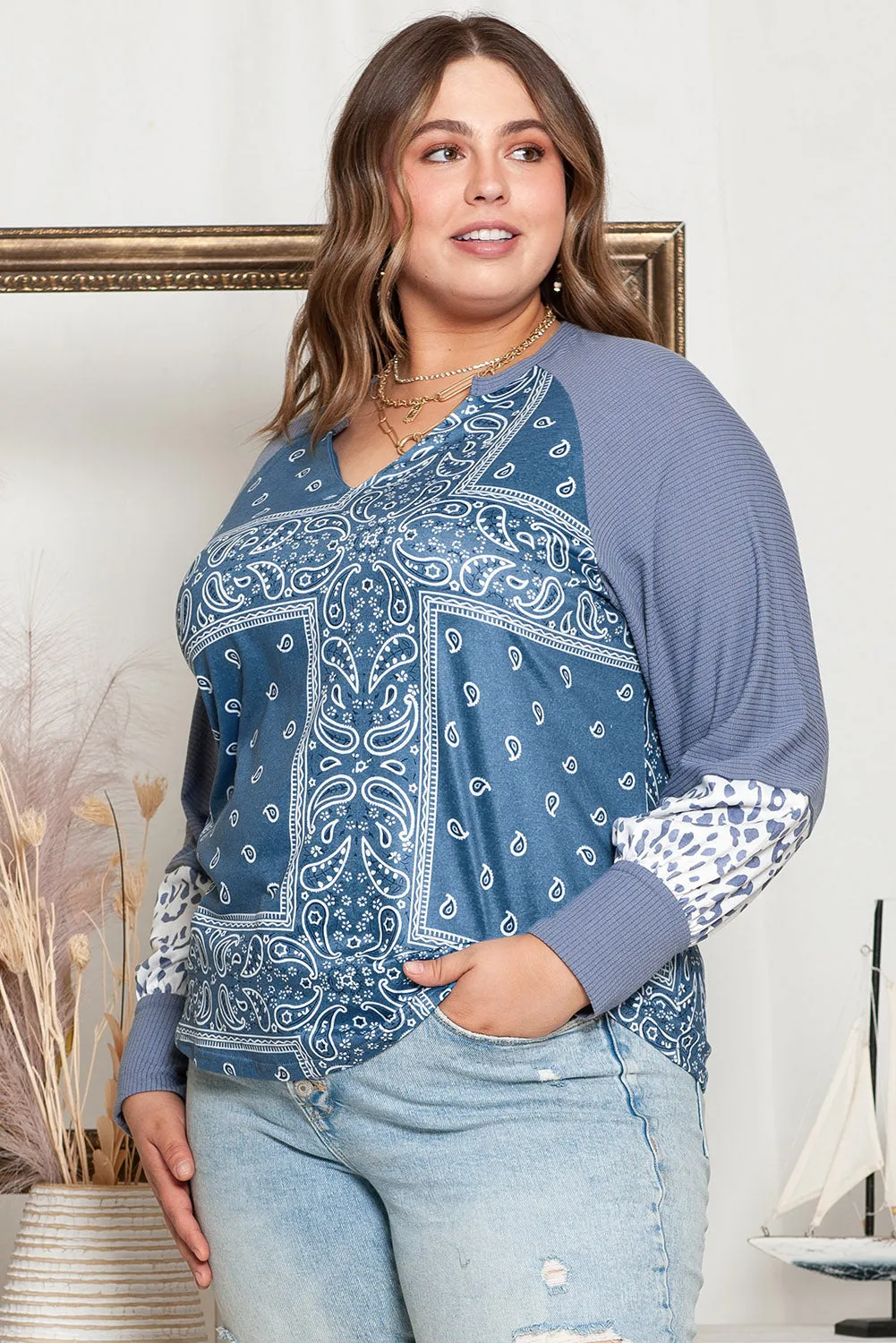 Sky Blue Paisley Patchwork Split Neck Plus Size Top