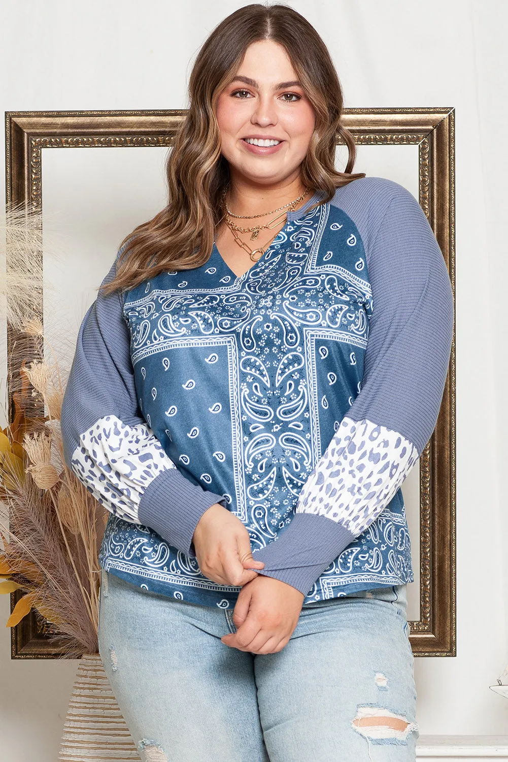 Sky Blue Paisley Patchwork Split Neck Plus Size Top