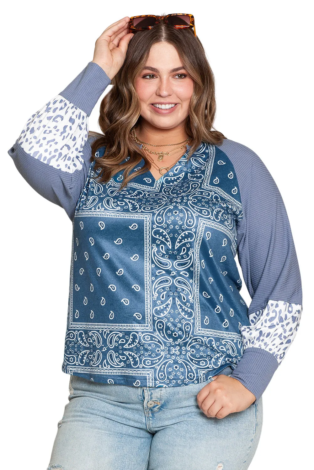 Sky Blue Paisley Patchwork Split Neck Plus Size Top