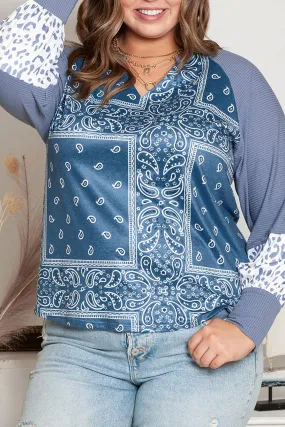 Sky Blue Paisley Patchwork Split Neck Plus Size Top