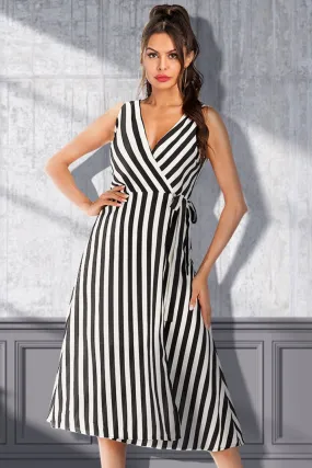 Striped Surplice Tied Sleeveless Dress