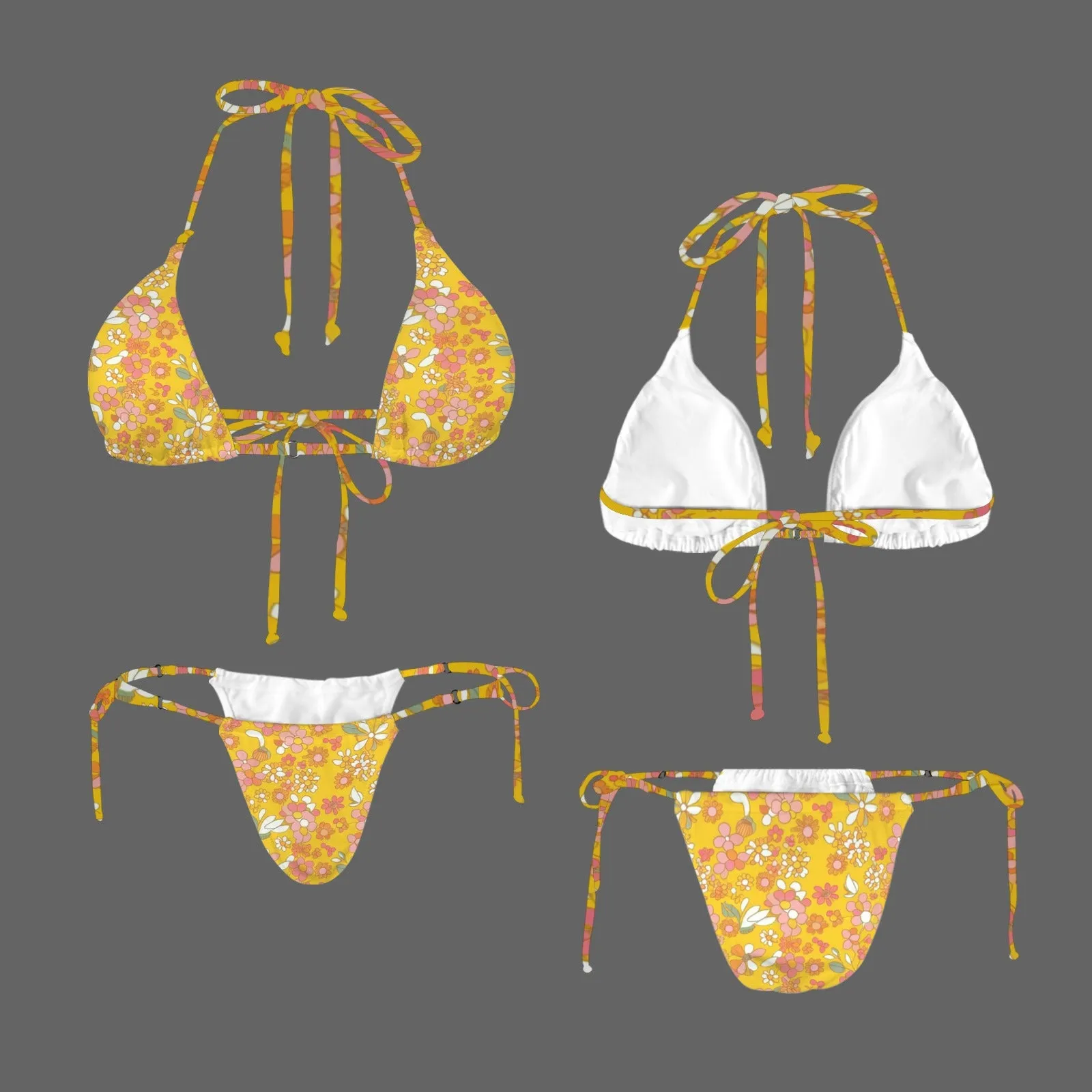 Vampire Art Glam Halter String Bikini Swimsuit Set - Yellow Seventies Flowers