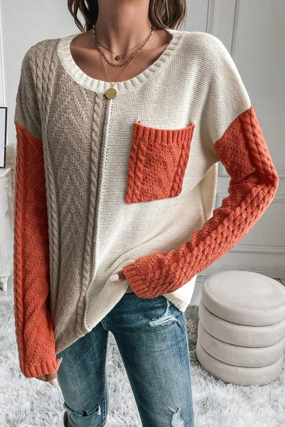 Vineyard Green Colorblock Pocket Drop Shoulder Sweater