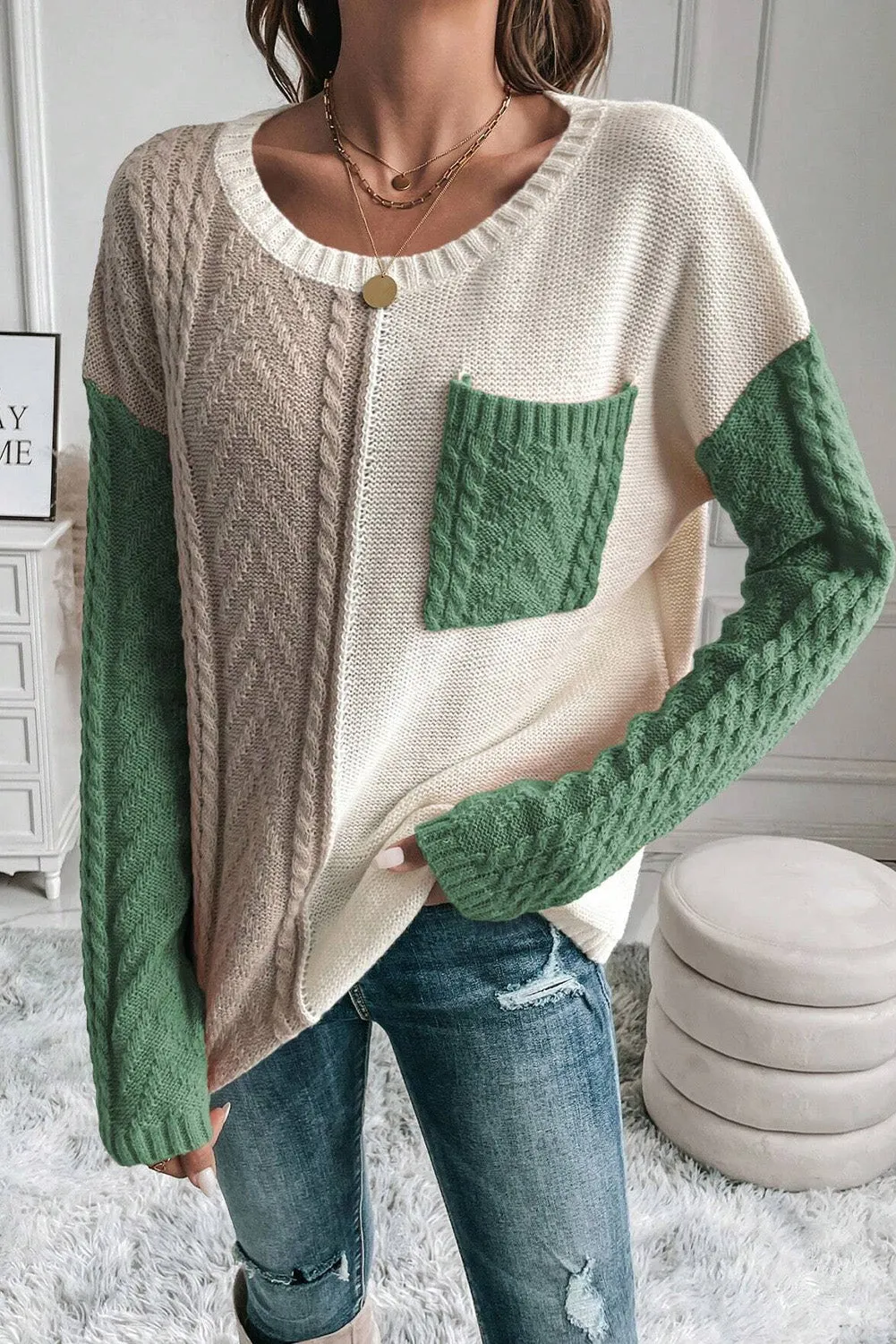 Vineyard Green Colorblock Pocket Drop Shoulder Sweater