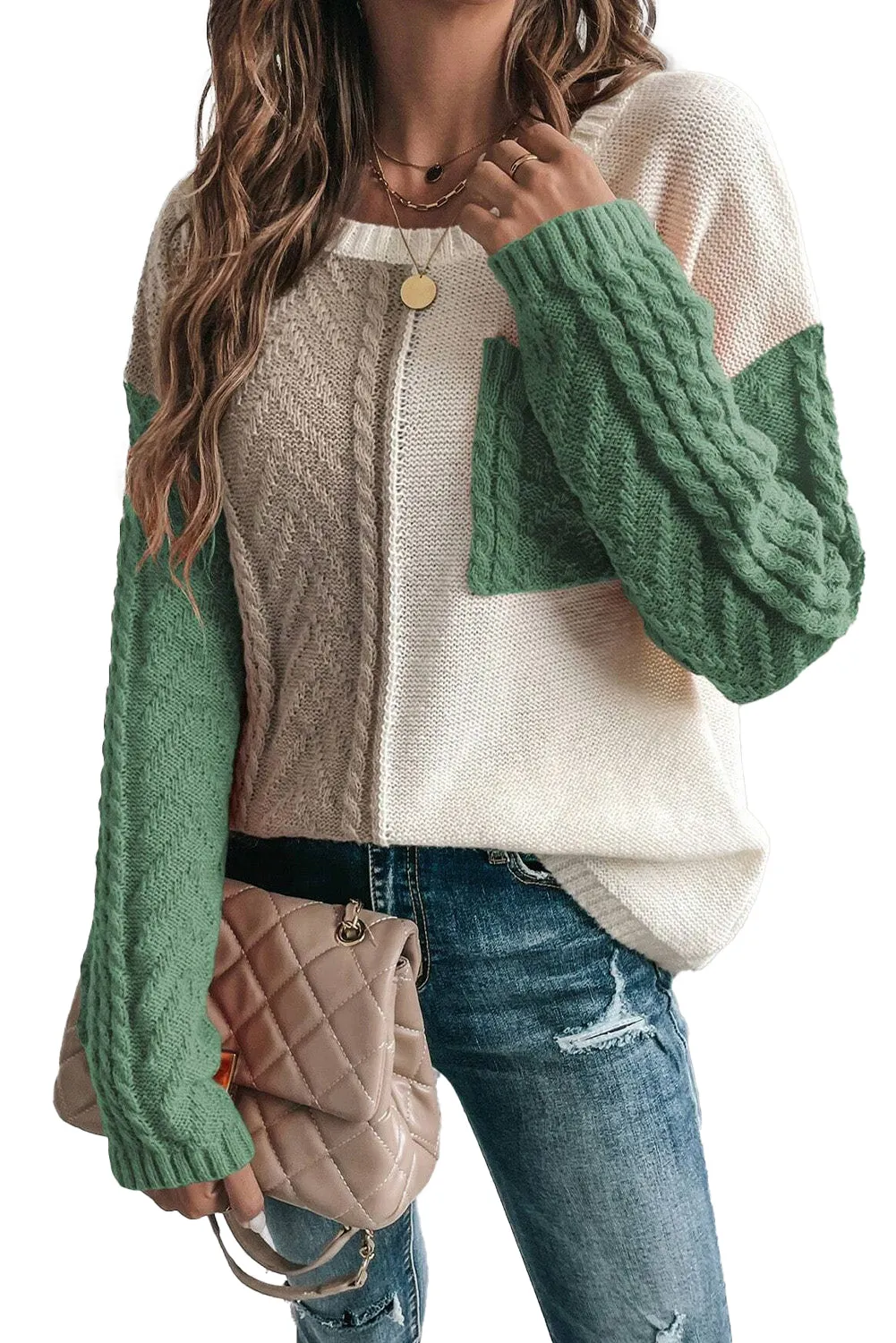 Vineyard Green Colorblock Pocket Drop Shoulder Sweater